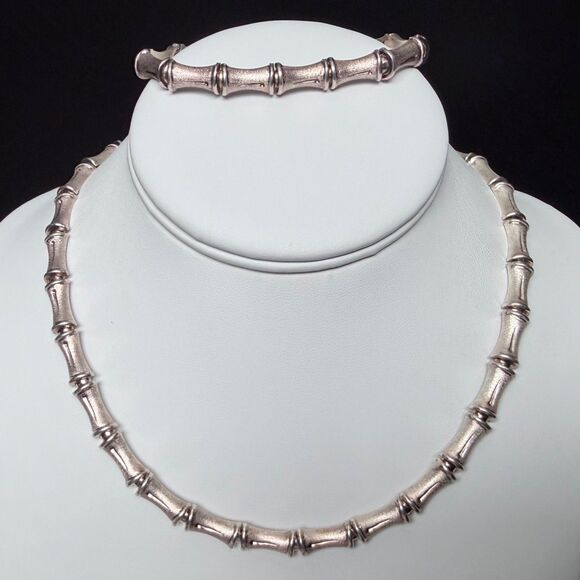 Vintage Sterling Silver Bamboo Link Choker Necklace & Bracelet Set 925 Italy 17" - Picture 9 of 16